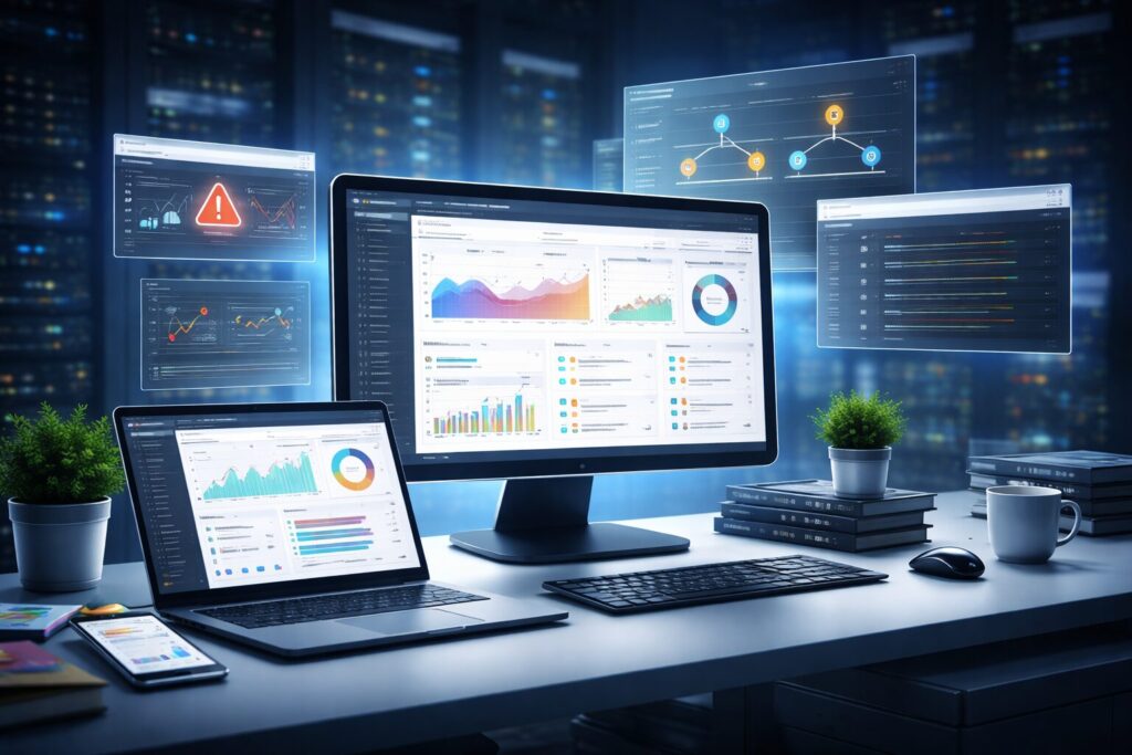 Программная платформа для мониторинга приложений помогает отслеживать производительность сервисов, анализировать метрики и логи, находить причины сбоев и контролировать состояние ИТ-инфраструктуры. Современное приложение редко работает изолированно. Даже относительно простой цифровой сервис может зависеть от базы данных, API, сетевого оборудования, виртуальных машин, контейнеров и десятков других компонентов. Если один элемент начинает работать нестабильно, последствия могут проявиться далеко за пределами исходной проблемы. Поэтому одного сообщения о том, что сервер недоступен, недостаточно. ИТ-специалистам важно понимать, что именно произошло, когда началось ухудшение работы и какой компонент стал причиной сбоя. Для решения этой задачи используются системы мониторинга и инструменты наблюдаемости.